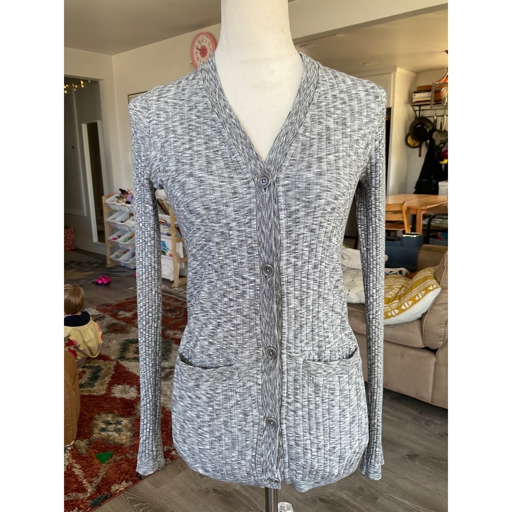 Athleta Revolve Cardigan Grey Space Dye Ribbed Knit Button Front Sweater Small